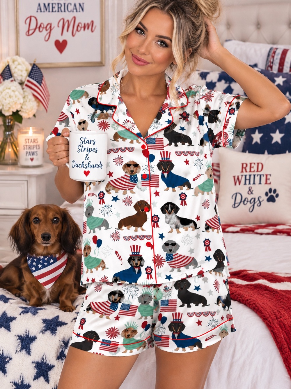 Sheshow Dachshund 4th of July Satin Pajama Set Size L — NWT 🐶🇺🇸
